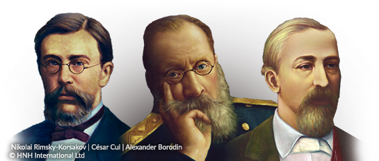 (L-R) Nikolai Andreyevich Rimsky-Korsakov, César Cui, Alexander Porfir’yevich Borodin