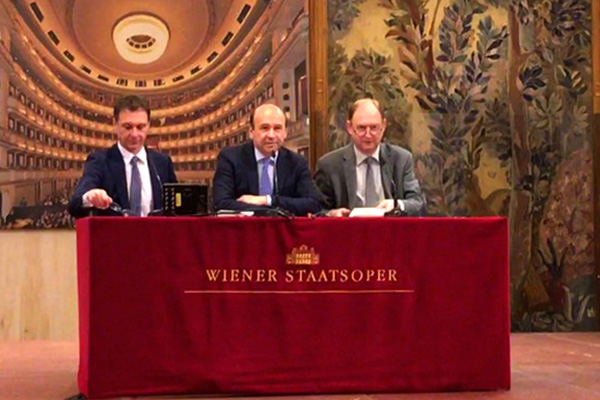 (From L to R) Wiener Staatsoper Managing Director Thomas W. Platzer, Director Dominique Meyer and Ballet Director Manuel Legris announced the programme for the forthcoming 2018/2019 season, as well as details of the activities commemorating the 150th anniversary.