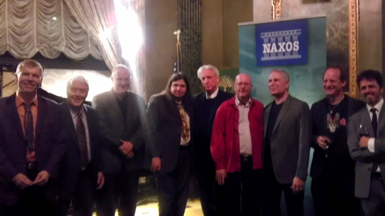 L-R: Kenneth Fuchs (composer), Robert White (tenor), Paul Moravec (composer), Frank Oteri (composer; editor - NewMusicBox), Klaus, Michael Spudic (ASCAP), John Corigliano (composer), Lowell Liebermann (composer) and Sean Hickey (composer and NoA manager of Sales and Business Development)
