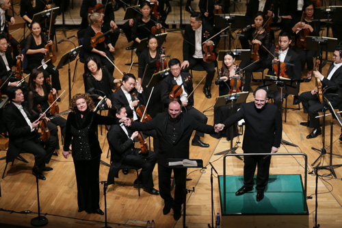 Matthias Goerne with Petra Lang and Jaap van Zweden at the concert performance © Cheung Chi Wai HK Phil