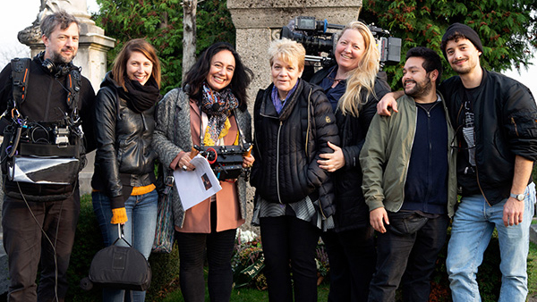 Marin Alsop (centre) with the production crew
